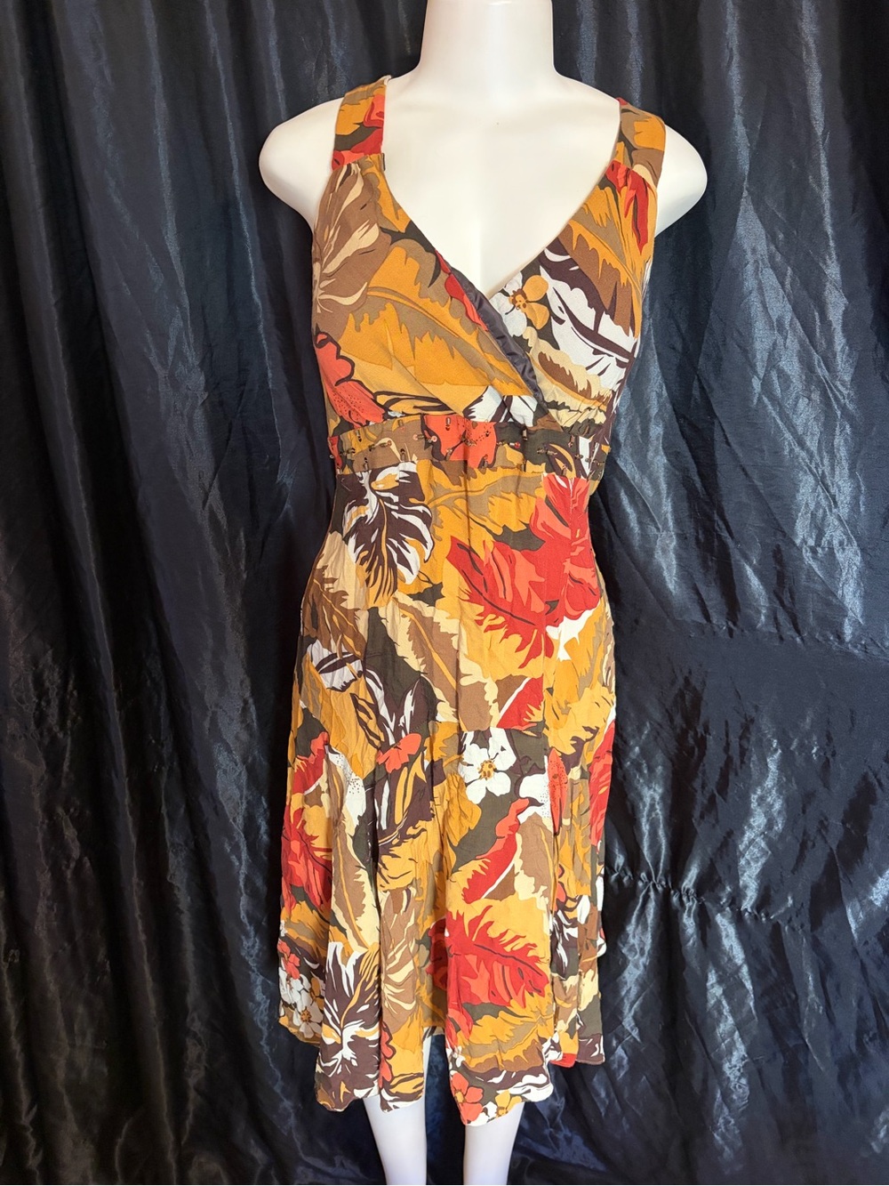 Floral V-Neck Sleeveless Midi Dress in Mustard and Autumn Tones